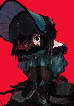 1girl absurdres bare_shoulders black_eyes black_hair blood blood_on_face blue_bonnet blue_dress bonnet dress frills fur-trimmed_dress fur_trim gloves gothic_lolita hands_on_own_face hat highres injury kuonji_alice kuonji_alice_(third_ascension) lolita_fashion looking_at_viewer mahou_tsukai_no_yoru off-shoulder_dress off_shoulder puffy_sleeves red_background see-through_clothes see-through_gloves short_hair simple_background solo yorurokujuu