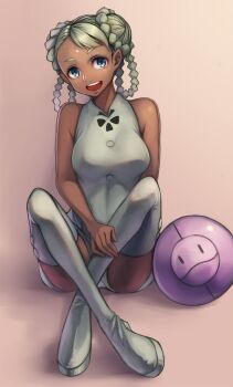 1girl :d bare_shoulders bindi blue_eyes bodysuit boots braid braided_hair_rings breasts buttons crossed_legs dark-skinned_female dark_skin double_bun facial_mark female_focus forehead_mark full_body green_hair gundam gundam_g_no_reconguista hair_bun hair_rings halterneck happy haro highres hrtyuk knees_up looking_at_viewer open_mouth platform_boots platform_footwear raraiya_monday robot silver_hair simple_background sitting smile solo thigh_boots thighhighs twin_braids unitard white_boots white_thighhighs |_|