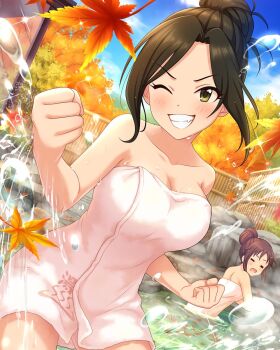 2girls annindoufu_(oicon) armpits autumn_leaves back bare_shoulders black_hair blush breasts brown_hair bubble cleavage clenched_hands closed_eyes collarbone day eyelashes fang female_focus fighting_pose fighting_stance fingernails from_behind green_eyes grin hair_bun happy highres idolmaster idolmaster_cinderella_girls large_breasts leaf leaves legs long_hair looking_at_viewer mukai_takumi multiple_girls naked_towel namco neck no_bra nude_filter_request official_art one_eye_closed onsen open_mouth outdoors partially_submerged print_towel shiny_skin single_hair_bun sky smile thighs towel unworn_clothes water wet wink