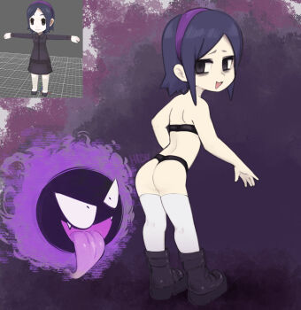 1girl 2024_pokemon_teraleak ass bags_under_eyes black_boots black_bra black_eyes black_hair black_panties boots bra gastly gen_1_pokemon hairband hatsu_(hatsumiilkshake) hex_maniac_(pokemon) hex_maniac_(prototype)_(pokemon) highres loli looking_at_viewer looking_back nintendo open_mouth panties parted_bangs pokemon pokemon_(creature) pokemon_xy pokemon_xy_(prototype) prototype_design purple_background purple_hairband reference_inset short_hair thighhighs twitter_username underwear white_thighhighs