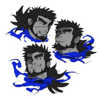 Rule 34 | 1boy, bara, beard, black hair, blue fire, chinstrap beard, cropped head, facial hair, facial scar, fire, forked eyebrows, highres, looking at viewer, male focus, mature male, mestses, multiple expressions, mustache stubble, sandayu (housamo), scar, scar on cheek, scar on face, sideways glance, smirk, stubble, thick eyebrows, tokyo houkago summoners