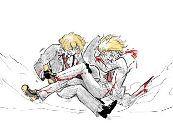 Rule 34 | 1boy, 1girl, black shoes, bleeding, blonde hair, blood, blood from forehead, blood from mouth, blood on clothes, blood splatter, clenched hand, clenched teeth, constricted pupils, covering chest, covering privates, curled fingers, don quixote (project moon), dress pants, dress shirt, formal clothes, full body, glowing, glowing eyes, grey jacket, grey pants, grey sleeves, grey suit, hand on another's foot, hand on another's thigh, hands up, highres, jacket, lapels, layered sleeves, limbus company, long sleeves, looking at another, necktie, nugii, one eye closed, open clothes, open jacket, oxfords, pants, parted lips, project moon, red eyes, red necktie, shirt, shoes, short hair, sinclair (project moon), sneakers, suit, suit jacket, suspenders, sweatdrop, teeth, undershirt, white background, white shirt, white sleeves, yellow eyes