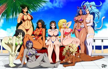 6+girls bishoujo_senshi_sailor_moon breasts crossover dark-skinned_female dark_skin darkstalkers dc_comics felicia_(darkstalkers) heavy_metal_(movie) huge_breasts jadenkaiba kim_possible kuramitsu_mihoshi long_hair multiple_girls nico_robin one_piece raven_(dc) sailor_pluto shego stripperella stripperella_(character) swimsuit teen_titans tenchi_muyou!