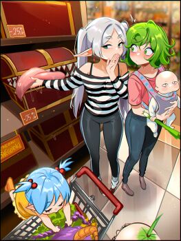 1other 4girls absurdres aura_(sousou_no_frieren) aura_bullying_(meme) baby black_pants blue_hair blue_pants blush casual collarbone commentary crossover denim elf english_commentary frieren green_eyes green_hair grey_hair highres if_they_mated jeans long_hair looking_at_another meme mimic mother_and_child multiple_girls off-shoulder_shirt off_shoulder one-punch_man pants petite pointy_ears saliva shirt snegovski sousou_no_frieren standing striped_clothes striped_shirt tatsumaki toddler tongue tongue_out twintails