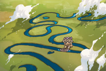 1girl 1other bing_huyue blush_stickers boat botswana chest_jewel chibi cloud commentary english_commentary gem gem_hair_ornament hair_flaps highres hololive hololive_english kneeling koseki_bijou koseki_bijou_(1st_costume) long_hair open_mouth pebble_(koseki_bijou) purple_eyes purple_gemstone purple_hair purple_shoes river shoes simple_bird simple_fish structure virtual_youtuber watercraft