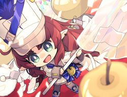 Rule 34 | 1girl, 2others, :d, apple, arknights, boots, brown hair, chibi, flag, food, fruit, golden apple, green eyes, grey thighhighs, hat, highres, holding, holding flag, jacket, long hair, multiple others, myrtle (arknights), myrtle (light gold celebration) (arknights), open mouth, parted bangs, pointy ears, saipaco, shako cap, skirt, smile, solo focus, thighhighs, thighhighs under boots, very long hair, white flag, white footwear, white hat, white jacket, white skirt