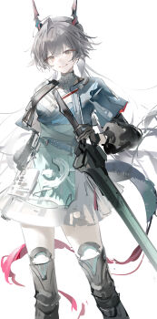 Rule 34 | 1girl, absurdres, arknights, arknights: endfield, black boots, black gloves, black hair, boots, chen qianyu (arknights), chinese commentary, commentary, dragon girl, dragon horns, dragon tail, eastern dragon horns, eastern dragon tail, gloves, highres, holding, holding sword, holding weapon, horns, long hair, looking at viewer, luozhou pile, simple background, solo, sword, tail, thigh boots, twintails, weapon, white background