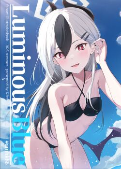 1girl bikini black_bikini black_hair black_horns blue_archive blue_sky breasts day ear_piercing halo highres horns k3rd kayoko_(blue_archive) long_hair looking_at_viewer low_wings multicolored_hair outdoors piercing purple_wings red_eyes single_wing sky small_breasts solo swimsuit two-tone_hair white_hair white_halo wings
