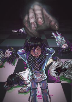 Rule 34 | 1boy, black hair, blood, blood splatter, blush, buttons, checkered clothes, checkered scarf, chessboard, commentary, danganronpa (series), danganronpa v3: killing harmony, dark background, death, flipped hair, grin, hair between eyes, highres, horror (theme), long sleeves, looking at viewer, lying, male focus, multicolored buttons, multiple boys, multiple expressions, narrowed eyes, oma kokichi, on back, on side, open mouth, pants, pink blood, purple eyes, purple hair, scared, scarf, short hair, smile, smirk, standing, surreal, symbolism, teeth, thigh strap, tile floor, tiles, tsutsumi-yaki hanbagu-ya-san netabare, two-tone scarf, wide-eyed