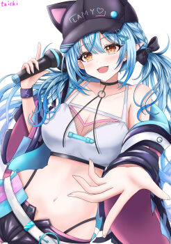 1girl absurdres animal_hat baseball_cap belt black_choker black_hat black_jacket black_shorts blue_hair braid breasts cat_hat choker cleavage collarbone commentary_request double-parted_bangs elf hair_between_eyes hat highres holding holding_microphone hololive jacket large_breasts long_hair long_sleeves looking_at_viewer low_twintails microphone navel official_alternate_costume open_clothes open_jacket open_mouth pointy_ears reaching reaching_towards_viewer short_shorts shorts side_braids simple_background smile solo stomach taichi8882 twintails very_long_hair virtual_youtuber white_background white_belt yellow_eyes yukihana_lamy yukihana_lamy_(cyber)