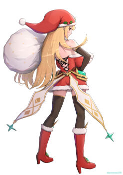 1girl absurdres alternate_costume ass blonde_hair boots breasts christmas commentary_request dress gonzarez hat high_heels highres large_breasts long_hair mythra_(xenoblade) red_boots santa_costume santa_dress santa_hat solo swept_bangs v-shaped_eyebrows very_long_hair xenoblade_chronicles_(series) xenoblade_chronicles_2 yellow_eyes