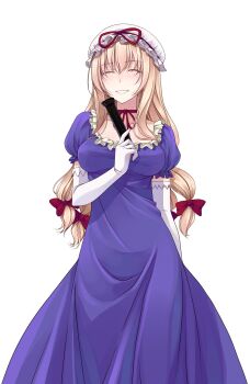 1girl blonde_hair bow breasts choker closed_eyes closed_mouth collarbone commentary_request cowboy_shot crote dress elbow_gloves facing_viewer folding_fan frilled_dress frilled_sleeves frills gloves hair_bow half-closed_eyes hand_fan hand_up hat hat_ribbon highres large_variant_set long_dress long_hair medium_breasts mob_cap multiple_hair_bows parted_lips puffy_short_sleeves puffy_sleeves purple_dress red_bow red_ribbon ribbon ribbon_choker short_sleeves smile solo tachi-e touhou transparent_background variant_set white_gloves white_hat yakumo_yukari