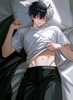 1boy black_hair black_pants black_shorts blanket blush clothes_lift grey_eyes grey_hair heterochromia highres hyohls2_(hamao3o) lying male_focus midriff multicolored_hair navel open_clothes open_shirt pants pillow sakura_haruka_(wind_breaker) shirt shirt_lift short_hair shorts solo split-color_hair stomach t-shirt two-tone_hair white_shirt wind_breaker_(nii_satoru) yellow_eyes