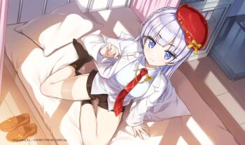 1girl absurdres beret black_shorts black_socks blue_eyes braid closed_mouth dolphin_wave hat highres indoors infirmary lab_coat long_hair looking_at_viewer marvelous mimikaki necktie non-web_source official_art on_bed ootomo_takuji pillow purple_hair red_hat red_necktie schnee_weissberg shirt shoes short_shorts shorts smile socks sunset unworn_shoes white_shirt