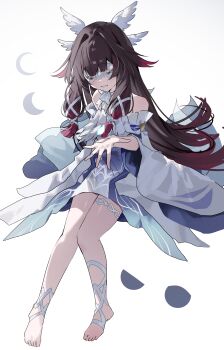 1girl absurdres bare_shoulders black_hair closed_eyes columbina_(genshin_impact) dress eye_mask feathered_wings full_body genshin_impact glowing glowing_petals head_wings highres long_hair long_sleeves mask moon_phases multicolored_hair off-shoulder_dress off_shoulder parted_lips petals pink_hair sidelocks solo sorani_(kaeru0768) two-tone_hair white_background white_dress white_wings wide_sleeves wings