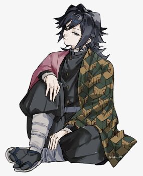 Rule 34 | 1boy, belt, black hair, black jacket, black pants, closed mouth, demon slayer uniform, giyu ice, gold buttons, grey background, grey eyes, hair between eyes, hakama, hakama pants, haori, highres, jacket, japanese clothes, kimetsu no yaiba, long hair, male focus, pants, print haori, sandals, simple background, sitting, solo, tabi, tomioka giyuu, twitter username, white belt