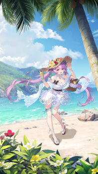 1girl :d animal basket belt belt_buckle blue_ribbon book bracelet breasts buckle character_request cleavage coconut_tree dress flower food fruit hat highres holding holding_basket holding_food houchi_shoujo jewelry large_breasts leaf leg_ribbon long_hair ocean official_art open_mouth outdoors pale_skin palm_tree picnic_basket pink_flower purple_eyes purple_hair red_flower ribbon rock sky smile solo squirrel straw_hat strawberry thigh_ribbon tree twintails very_long_hair water white_dress yellow_flower