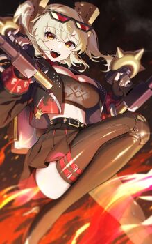 Rule 34 | 1girl, absurdres, black gloves, black jacket, black skirt, black thighhighs, blonde hair, breasts, burnice white, cleavage, crop top, eyewear on head, fire, flamethrower, gloves, highres, holding flamethrower, holding weapon, jacket, large breasts, looking at viewer, open mouth, orange eyes, sbgu, short hair, skirt, smile, sunglasses, thighhighs, tinted eyewear, twintails, weapon, zenless zone zero