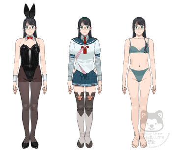 1girl alternate_costume animal_ears arms_at_sides barefoot black_hair black_leotard black_shoes blue_bra blue_eyes blue_hairband blue_panties blue_skirt bow bowtie bra breasts closed_mouth clothing_cutout commentary_request fake_animal_ears hairband highres hip_vent kantai_collection leotard long_hair long_sleeves multiple_views ojipon ooyodo_(kancolle) panties pantyhose playboy_bunny rabbit_ears red_bow red_bowtie sailor_collar school_uniform serafuku shoes simple_background skirt small_breasts standing thighhighs twitter_username underwear white_background wrist_cuffs