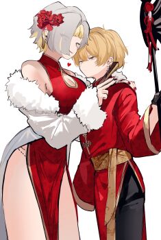 1boy 1girl blonde_hair cowboy_shot detached_sleeves dress flower fur-trimmed_sleeves fur_trim grey_hair hair_flower hair_ornament hair_over_one_eye halberd hand_fan height_difference highres holding holding_fan holding_polearm holding_weapon kromer_(project_moon) limbus_company migishita multicolored_hair pelvic_curtain polearm project_moon red_dress red_nails sash sinclair_(project_moon) standing two-tone_hair weapon white_background yellow_eyes