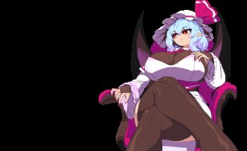 1girl adapted_costume aged_up alternate_breast_size_(larger) animated animated_gif arm_rest armchair ascot bat_wings black_bridal_gauntlets black_corset black_thighhighs blue_hair blush breasts bridal_gauntlets chair closed_mouth commentary_request corset crossed_legs detached_collar detached_sleeves dress fingernails hat hat_ribbon huge_breasts long_fingernails looking_at_viewer looking_to_the_side medium_hair mob_cap namako_daibakuhatsu on_chair pointy_ears red_ascot red_eyes red_footwear red_nails red_ribbon remilia_scarlet ribbon sitting slit_pupils smile solo strapless strapless_dress thick_thighs thighhighs thighs touhou transparent_background v-shaped_eyebrows white_dress white_hat white_sleeves wide_sleeves wings