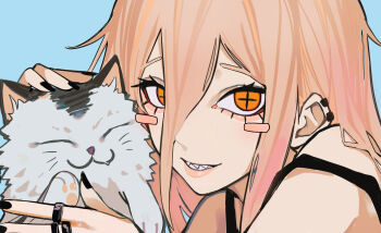 1girl absurdres black_nails black_shirt blue_background cat chainsaw_man closed_eyes cross-shaped_pupils ear_piercing hair_between_eyes highres looking_at_viewer meowy_(chainsaw_man) orange_hair paw_up piercing power_(chainsaw_man) sailen0 sharp_teeth shirt symbol-shaped_pupils teeth