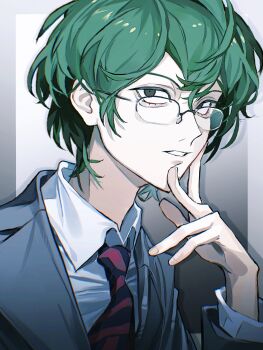 Rule 34 | 1boy, absurdres, black hair, chromatic aberration, collared shirt, colored eyelashes, finger to own chin, glasses, green eyes, grey background, grey jacket, highres, jacket, lapels, long sleeves, male focus, necktie, notched lapels, otowa rui (saibou shinkyoku), red necktie, saibou shinkyoku, sanpaku, shirt, short hair, solo, striped necktie, suit jacket, two-tone necktie, upper body, voltmeter f, white shirt