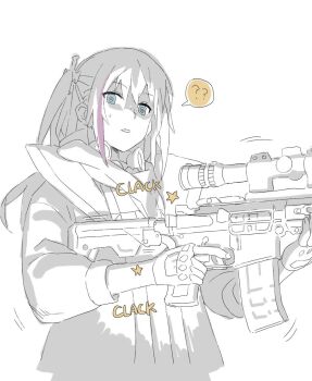Rule 34 | 1girl, ar-15, blue eyes, commentary request, girls' frontline, gun, holding, holding gun, holding weapon, long hair, multicolored hair, ningen (ningen96), open mouth, rifle, solo, st ar-15 (girls' frontline), sweat, upper body, weapon, white background