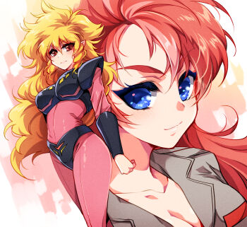 2girls blonde_hair breasts brown_eyes brown_jacket choujuu_kishin_dancouga cleavage collarbone crossover dancouga_(series) drill_hair drill_sidelocks hair_behind_ear highres iczer-1 iczer_(series) jacket long_hair medium_breasts multiple_girls pilot_suit pointy_ears red_hair shapiro sidelocks smile tatakae!!_iczer-1 v-shaped_eyebrows voice_actor_connection yamamoto_yuriko yuki_sara