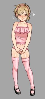 1girl bare_shoulders black_shoes blonde_hair blue_eyes blush camisole capcom closed_mouth collarbone embarrassed female_focus full_body grey_background lola_(agegapist) loli looking_afar looking_to_the_side nervous nervous_smile panties pink_camisole pink_panties pink_thighhighs resident_evil resident_evil_2 sherry_birkin shoes short_hair simple_background smile solo standing thighhighs underwear watermark wavy_mouth