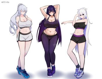 3girls alternate_breast_size_(larger) alternate_costume armpits arms_behind_head black_shorts black_sports_bra blue_shoes breasts bronya_zaychik bronya_zaychik_(silverwing:_n-ex) commentary drill_hair english_commentary eruda_erudia grey_eyes gym_shorts highres honkai_(series) honkai_impact_3rd huge_breasts kiana_kaslana large_breasts leggings long_hair midriff multiple_girls navel pants purple_eyes purple_hair purple_leggings purple_shoes raiden_mei raiden_mei_(apho) shoes shorts smile sports_bra twitter_username very_long_hair white_hair white_shoes white_shorts white_sports_bra yoga_pants