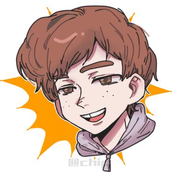 1boy ben_freeling brown_eyes brown_hair commentary_request freckles haunted_hotel highres hood hood_down male_focus noecho portrait short_hair tooth_gap white_background