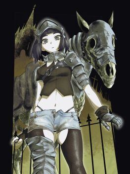 1girl animal_ears armor asymmetrical_armor asymmetrical_clothes barding black_background chest_belt church cowboy_shot crop_top eyelashes fingerless_gloves gauntlets gloves gorget grey_eyes highleg highleg_panties highres horse_ears looking_at_viewer machipachi1901 medium_hair midriff navel original pale_skin panties single_gauntlet skeleton_horse thong underwear visor_(armor)