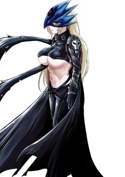 1girl atta_hayase beelstarmon belt black_belt black_coat black_gloves black_pants black_vest blonde_hair blue_mask breasts coat commentary_request cropped_vest digimon digimon_(creature) eye_mask gloves large_breasts leather leather_pants long_hair long_sleeves looking_at_viewer mask navel pants parted_lips profile red_eyes sidelocks simple_background solo standing stomach third_eye tight_clothes tight_pants underboob vest white_background