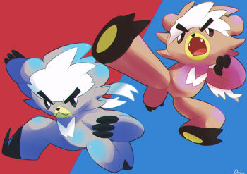 absurdres black_eyes bright_pupils claws closed_mouth commentary_request fangs fighting_stance full_body gen_8_pokemon highres kubfu legendary_pokemon nintendo no_humans open_mouth ouran outstretched_arm pokemon pokemon_(creature) two-tone_background v-shaped_eyebrows white_pupils