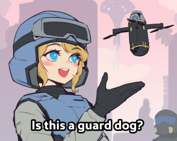 1boy 1girl black_gloves blonde_hair blue_eyes blush bulletproof_vest cityscape drone english_text explosive gloves grenade grenade_cartridge helldiver_(helldivers) helldivers_(series) helmet highres illuminate_(helldivers) is_this_a_pigeon_(meme) loitering_munition meme military_uniform phantom_ix_row precision-guided_munition propeller seaf_soldier_(helldivers) short_hair statue