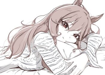 1girl alternate_hairstyle animal_ears from_side gentildonna_(umamusume) hair_between_eyes hair_down horse_ears horse_girl japanese_clothes kimono lying muted_color on_stomach pakarappakaratt simple_background solo umamusume white_background yukata