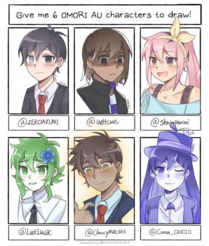 2girls 4boys alternate_costume alternate_eye_color alternate_universe antenna_hair aoihiraki artist_name aubrey_(faraway)_(omori) aubrey_(omori) basil_(headspace)_(omori) basil_(omori) black_eyes black_hair black_suit blue_shirt blush bra_strap brothers brown_eyes brown_hair closed_mouth collarbone collared_shirt colored_skin commentary dark-skinned_male dark_skin double-parted_bangs emori_(shrimperini) english_commentary flower formal_clothes green_eyes green_hair grey_eyes hair_between_eyes hair_flower hair_ornament hairband hat hero_(faraway)_(omori) hero_(omori) heterochromia kel_(faraway)_(omori) kel_(omori) lily_of_the_valley long_hair looking_at_viewer mari_(headspace)_(omori) mari_(omori) multicolored_hair multiple_boys multiple_girls necktie off-shoulder_shirt off_shoulder omori one_eye_closed open_mouth pink_hair purple_eyes purple_hair purple_hat red_necktie shirt short_hair siblings sidelocks smile spoilers suit sunny_(omori) sweat two-tone_hair white_shirt white_skin yellow_hairband