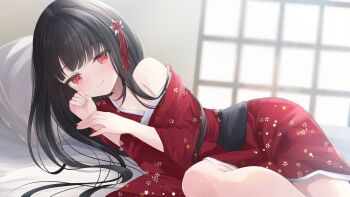 1girl black_hair black_sash character_request closed_mouth commission day feet_out_of_frame floral_print flower hair_flower hair_flower hair_ornament hair_ribbon hand_on_own_face hands_up head_on_pillow indie_virtual_youtuber indoors japanese_clothes kimono kurage_cc light_blush long_hair looking_at_viewer lying mole mole_under_eye off_shoulder on_bed on_side pillow print_kimono red_eyes red_kimono ribbon sash short_kimono single_bare_shoulder skeb_commission smile solo straight_hair virtual_youtuber window