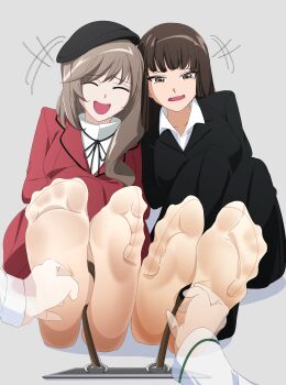 3girls absurdres bdsm black_suit bondage bound brown_eyes brown_hair commission foot_focus formal_clothes girls_und_panzer highres multiple_girls nishizumi_shiho open_mouth panties red_suit restrained sa@mobuliaoyu shimada_chiyo sitting smile suit tickling tickling_feet underwear white_panties