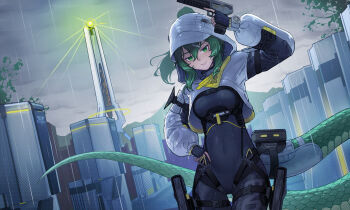 1girl arknights arknights:_endfield black_bodysuit bodysuit commentary double-parted_hair english_commentary fingerless_gloves fluorite_(arknights) gloves green_hair green_tail grey_hood gun hair_through_hood hand_on_own_hip handgun highres holding holding_gun holding_weapon hood hood_up hooded_shrug looking_at_viewer rain shirakawafel shrug_(clothing) smile snake_girl snake_tail solo tail tower trigger_discipline weapon wet white_shrug