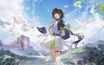 Rule 34 | 1girl, abby (wuthering waves), absurdres, backpack, bag, bird, black gloves, black hair, black jacket, blue bag, blue sky, book, bow, bowtie, building, chinese commentary, cloud, cloudy sky, commentary request, cropped jacket, day, dress, earrings, feet out of frame, female rover (perpetual spark) (wuthering waves), female rover (wuthering waves), fingerless gloves, floating, gloves, hair bow, highres, holding, holding book, jacket, jewelry, long hair, looking at viewer, low ponytail, mountain, neck ribbon, open book, outdoors, parted lips, ponytail, pouch, ribbon, rover (wuthering waves), short dress, short sleeves, sky, solo, standing, sumery, thigh pouch, triangle earrings, watermark, weibo watermark, white bird, white dress, white ribbon, wuthering waves, yellow bow, yellow bowtie, yellow eyes