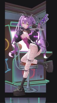 1girl absurdres alternate_costume ass bibi_(tokoyami_towa) black_gloves black_leotard black_shoes black_shrug black_socks blurry blurry_background blush bow breasts can center-flap_bangs cleavage clothing_cutout commentary_request demon_girl demon_tail double-parted_bangs drink_can earrings fishnet_pantyhose fishnet_shrug fishnets full_body gloves green_eyes hair_bow half_gloves hands_up highres holding holding_tray hololive indoors jewelry leotard long_hair long_sleeves looking_at_viewer medium_breasts mouth_hold multicolored_hair multicolored_leotard on_stool pantyhose piercing pink_hair pink_leotard platform_shoes playboy_bunny pointy_ears puffy_long_sleeves puffy_sleeves purple_hair ribbed_socks sanada_keisui shoes shrug_(clothing) socks solo spiked_ear_piercing streaked_hair tail tail_ornament tail_piercing tail_through_clothes tokoyami_towa tray twintails two-tone_leotard very_long_hair virtual_youtuber