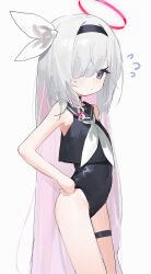 Rule 34 | 1girl, absurdres, alternate costume, black eyes, black hairband, black shirt, blue archive, closed mouth, colored inner hair, flat chest, grey hair, hair over one eye, hairband, halo, highres, long hair, looking at viewer, measho, multicolored hair, neckerchief, pink hair, plana (blue archive), red eyes, red halo, shirt, sleeveless, sleeveless shirt, solo, thigh strap, thighs, very long hair, white neckerchief