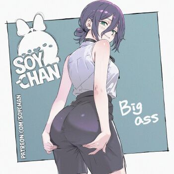 ass black_ribbon blouse blue_background blush chainsaw_man commentary creative_signature english_commentary from_behind from_below grabbing_own_ass green_eyes highres huge_ass looking_at_viewer looking_back looking_down miniskirt patreon_username purple_hair reze_(chainsaw_man) ribbon shirt shoulder_blush skirt sleeveless smile soy-chan white_background white_shirt