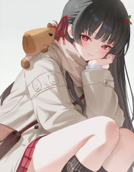 1girl absurdres black_hair brown_scarf chisa_(wuthering_waves) closed_mouth commentary_request ddcc0123 grey_background grey_jacket hair_ornament hair_ribbon head_rest highres jacket korean_commentary long_hair long_sleeves looking_at_viewer mole mole_under_eye namipon_(wuthering_waves) official_alternate_costume red_eyes red_ribbon red_skirt ribbon scarf simple_background skirt smile solo squatting very_long_hair wuthering_waves