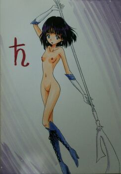 1girl absurdres ashigaki_radar bishoujo_senshi_sailor_moon boots breasts collarbone earrings glaive_(polearm) gloves high_heels highres holding jewelry knee_boots navel nipples nude polearm purple_eyes purple_footwear purple_hair pussy sailor_saturn saturn_symbol short_hair silence_glaive small_breasts standing tiara tomoe_hotaru weapon white_gloves