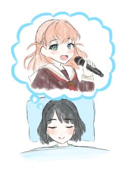 Rule 34 | 2girls, :d, absurdres, aqua eyes, black hair, blunt bangs, blunt ends, blush, bob cut, brown dress, commentary request, dreaming, dress, hair ornament, hasu no sora school uniform, highres, hinoshita kaho, holding, holding microphone, link! like! love live!, long sleeves, love live!, medium hair, microphone, momose ginko, multiple girls, neckerchief, open mouth, orange hair, ponyou1030, rabbit hair ornament, red neckerchief, sailor collar, sailor dress, school uniform, short hair, sleeping, smile, spoken character, two side up, under covers, virtual youtuber, white sailor collar, winter uniform