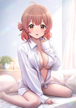 1girl :o ahoge bare_legs bikini blush borrowed_clothes bra breasts brown_hair commentary_request dress_shirt gakuen_idolmaster hanami_ume highres idolmaster indoors large_breasts looking_at_viewer no_pants panties plant potted_plant shirt sitting sleeves_past_wrists solo swimsuit u_rin underwear wariza white_bra white_panties white_shirt