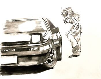 1girl absurdres blush boots bra breasts car cup drinking_straw drinking_straw_in_mouth graphite_(medium) greyscale highres holding holding_cup jumpsuit jumpsuit_around_waist leaning_forward long_hair looking_at_viewer medium_breasts monochrome motor_vehicle original pop-up_headlights shifuto solo sweat toyota toyota_86 toyota_sprinter_trueno traditional_media underwear